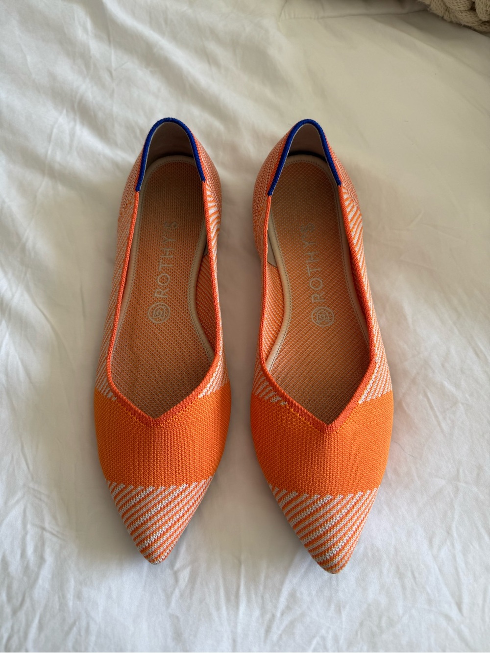 Rothy's Bright Orange Pointed Knit Flats with White Stripe